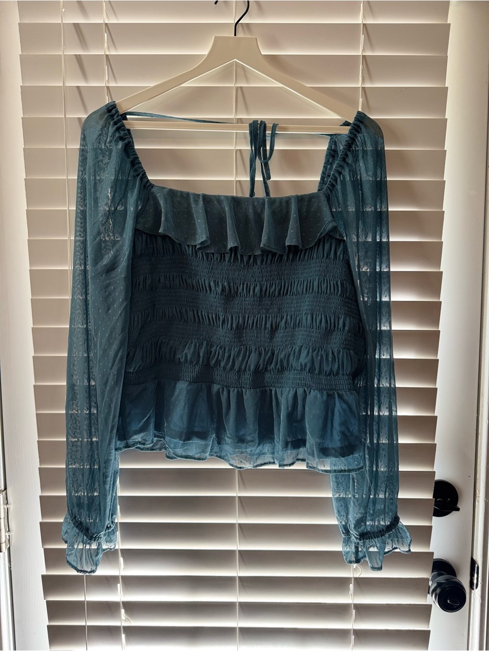 LC Lauren Conrad Teal Smocked Sheer Ruffle Blouse